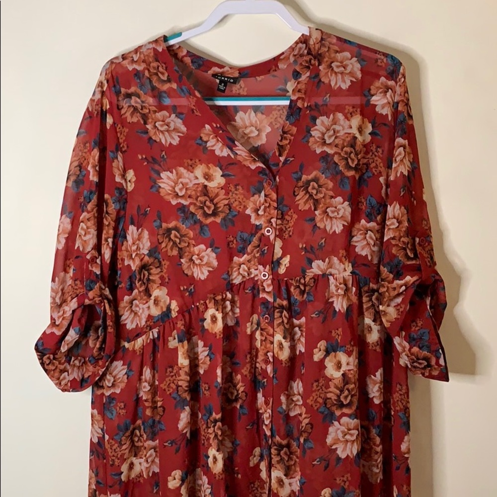 High low sheer Torrid blouse- cherry red floral